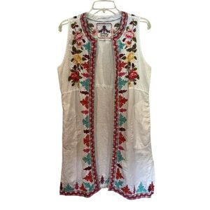 Johnny Was 100% linen embroidered white long line open front vest size XS